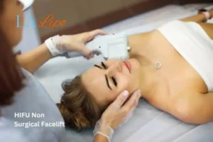 Woman having Hi-Fu to reduce wrinkles Weston Super Mare.