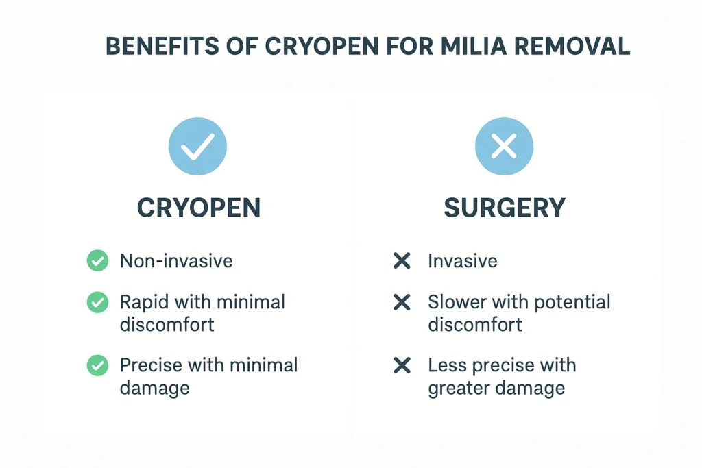 Benefits of cryopen for milia removal Weston Super Mare compared to surgical treatments.