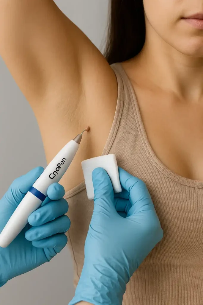 woman having cryopen to remove underarm skin tags Weston Super Mare