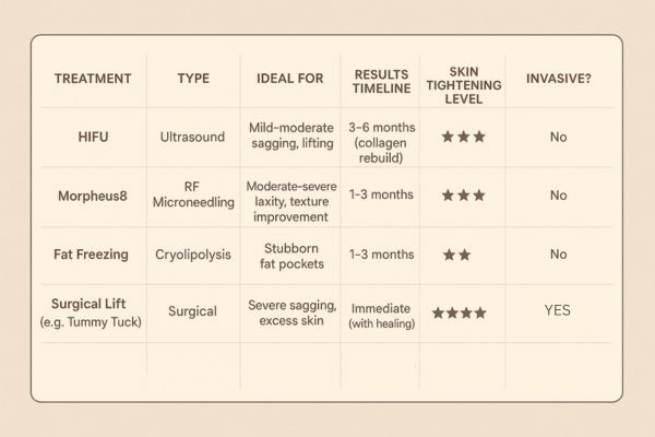 Table showing the comparisons of Skin tightening Weston Super Mare treatment options.